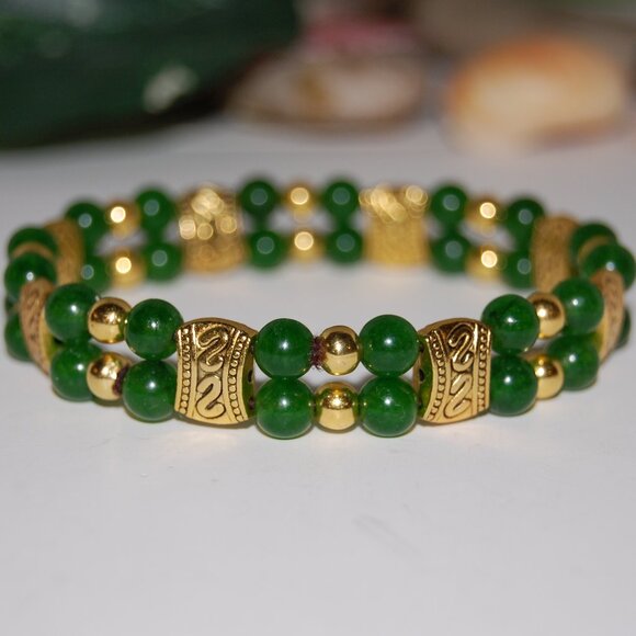 Jade Bracelet,Double Beaded Bracelet,Green and Gold Bracelet - Picture 2 of 3